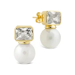 Hilda Pearl & Emerald Cut CZ Studs