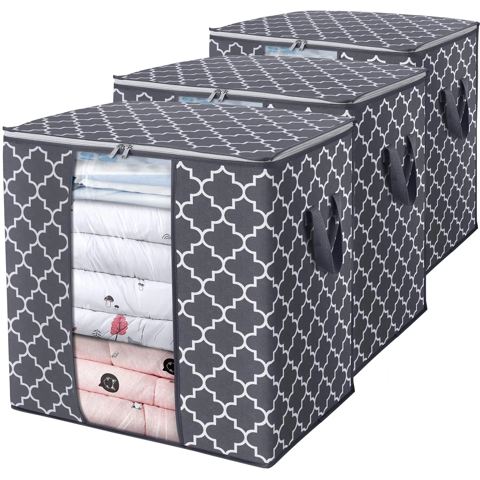 3-Pack 100L Large Storage Bags with Clear Window Reinforced Handles Sturdy Zippers & Comforter Organizer Bins | Gray Geometric Pattern