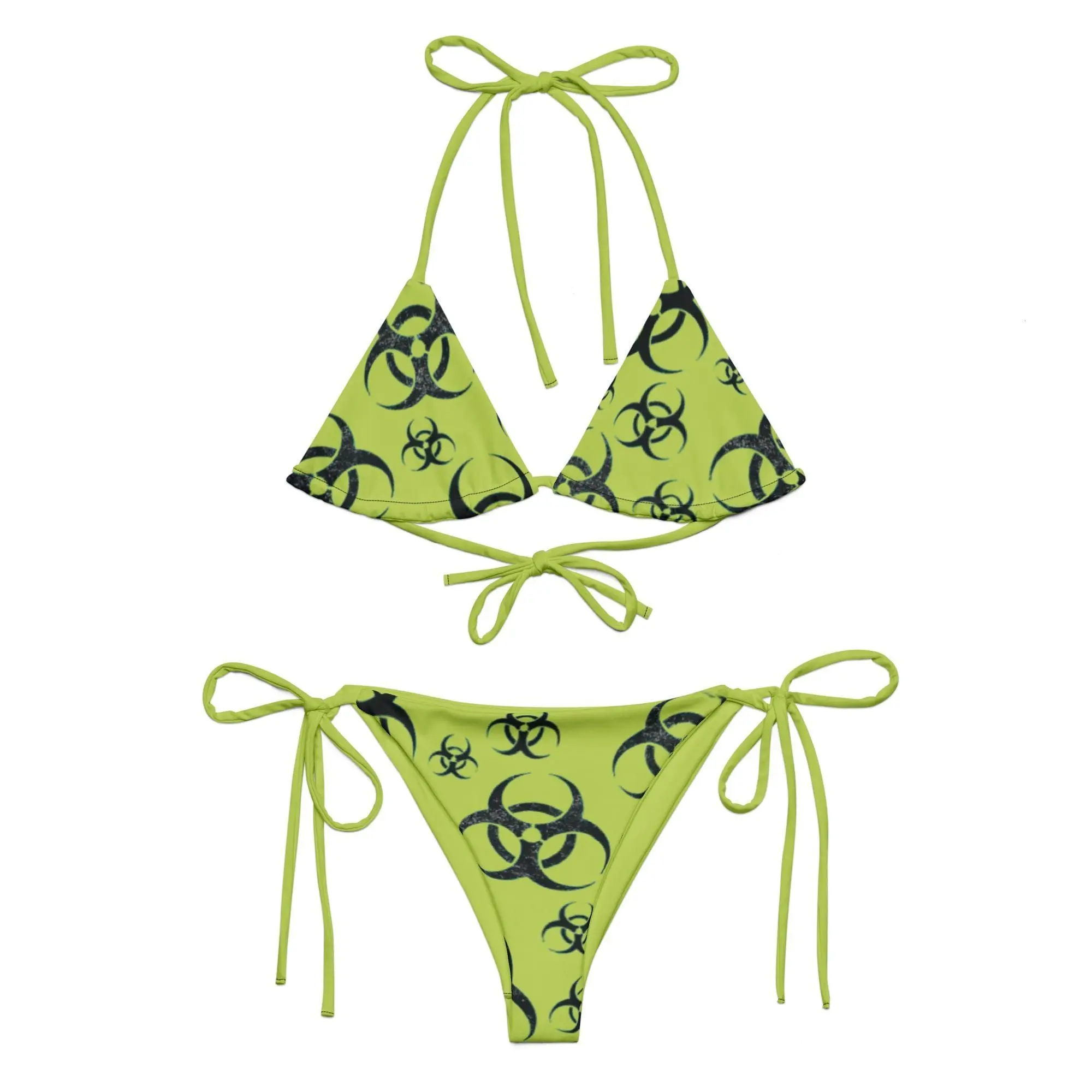 Biohazard Recycled String Bikini Set Lime Black Y2K Grunge Gothic Beachwear Poolside Goth Edgy Rave Cyber Punk Swimwear Y2k Biohazard