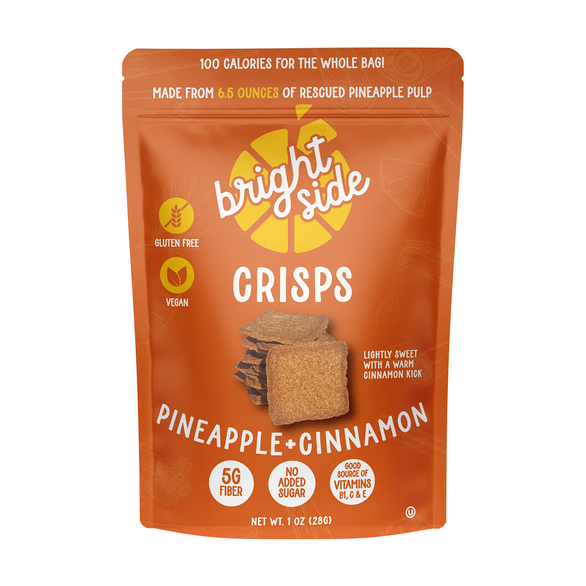 Bright Side Pineapple Cinnamon Crisps, Fruit Crisps, 2-Ingredient, Gluten Free, Vegan, No Added Sugar, 1 oz