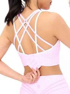 Nubre Geo Sports Bra - Pink Gingham High-Coverage Front with Contrast Binding & Compressive Feel for Medium to High-Impact Workouts Yoga Gym Activewear Yoga Clothes