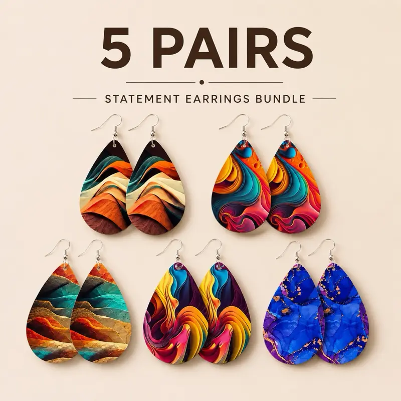 5-Pair Colorful Statement Earrings Set – Lightweight Teardrop Dangle Earrings for Women, Boho & Artistic Jewelry Bundle