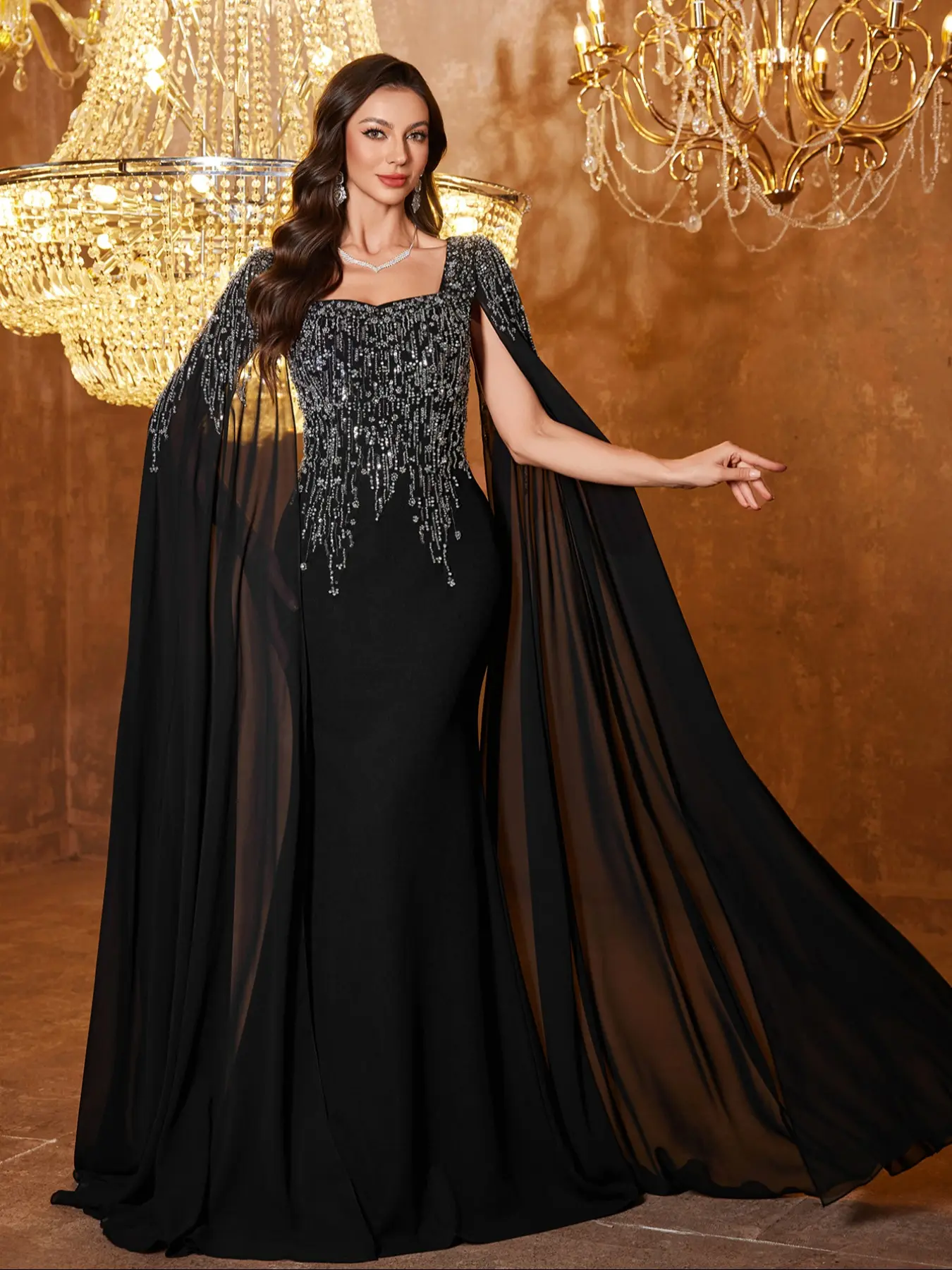 Elegant Women's Square Neck Long Sleeve Beaded Embroidery Knit Bodycon Dress, Chiffon Patchwork Evening Gown, Slim Fit Formal Wear