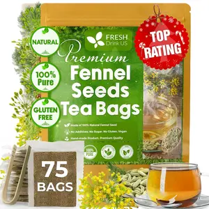 FreshDrinkUS, Premium Fennel Tea, 75 count, 100% Natural & Pure from Fennel Seeds.  No Caffeine, No Gluten, Vegan, Biodegradable Tea Bags, Sustainable Farming, Hand-Made Process, Ultimate Freshness, Beverage Herbal