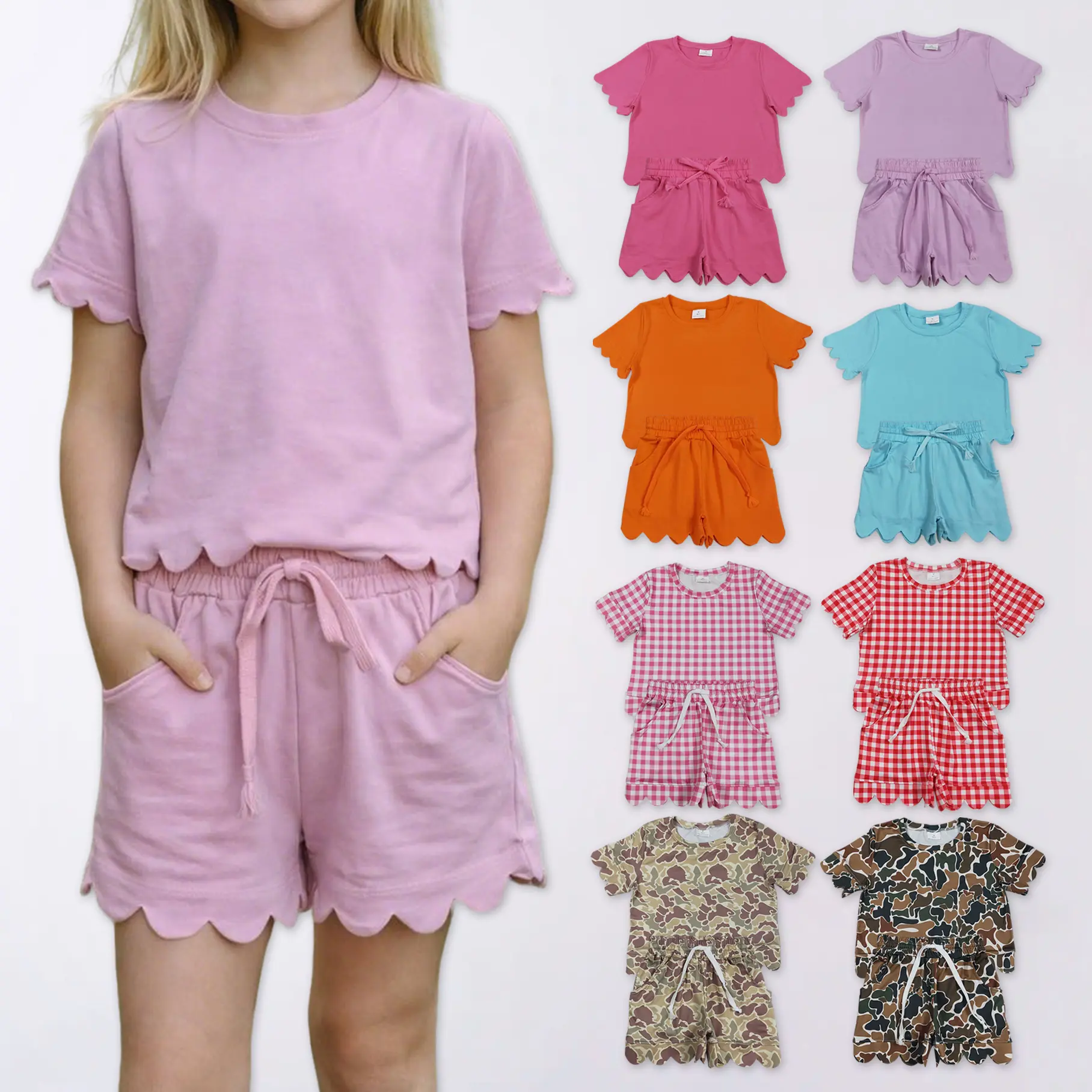 Girls' Scalloped Shorts Set, Cute 2-Piece Solid Color Outfit with Short Sleeve Top, Comfortable Kids Clothes for Girls, Girlclothes