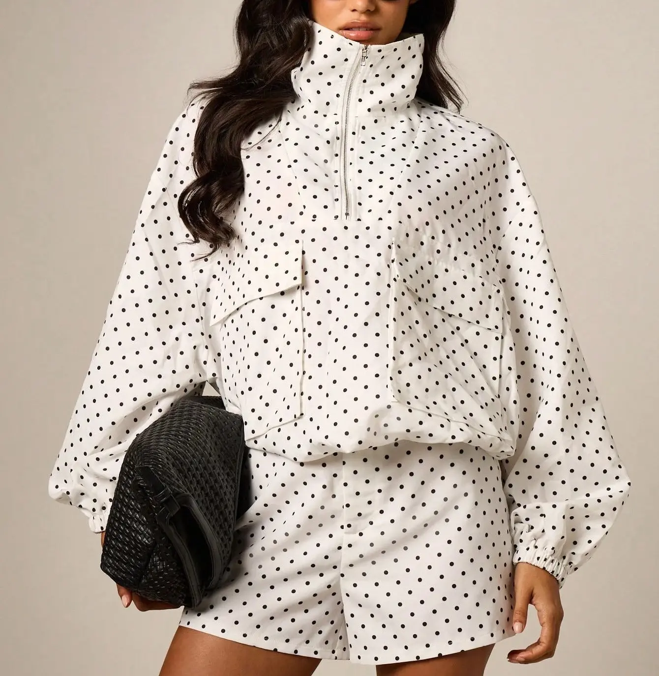 Arssm Women’s Funnel Neck Utility Jacket – Polka Dot Half Zip Pullover, Oversized Long Sleeve Windbreaker Outerwear for Spring Fall Streetwear Outfits
