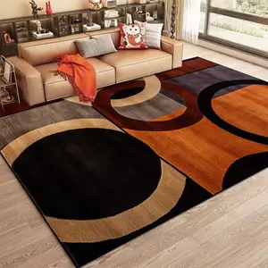 Modern Abstract Geometric Circle Color Block Flannel Area Rug - Contemporary Orange Brown Black Pattern Soft Mat for Living Room, Non-Slip Home Decor, Decorative Rug