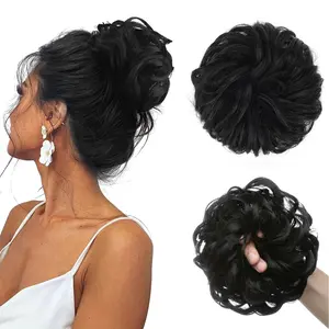 100% Human Hair Bun Extension - 2 PCS Real Human Hair Jet Black Messy Bun Scrunchie for Women - Elastic Wavy Updo Extensions Soft Fluffy Natural Looking Small Black Chignons Hairpieces,Easy to Use Adiustable Size Perfect for Volume and Fullness
