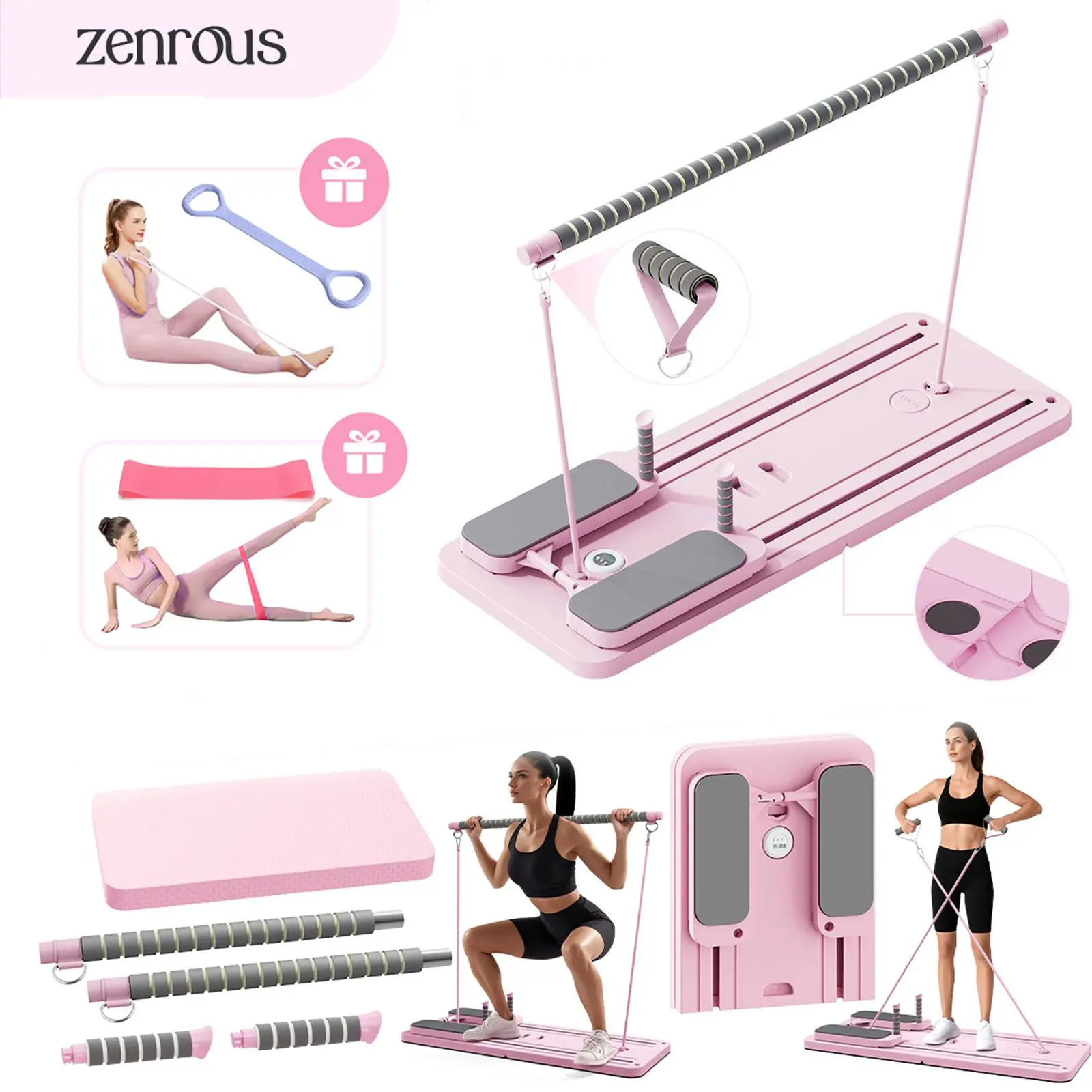 ZENROUS Pilates Board with Pilates Bar, Multi-functional Ab Exercise Board, Foldable Home Pilates Reformer, Maximum Load 300 lbs Fitness Board with Kneeling Pad and Timer, Abs Workout Equipment for Abdominal