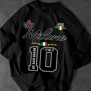 100% Cotton Simple Style T-shirt for European and American Men, Featuring "Italian Milan Landmark+ Number 10 Sports Number+ 'Never Give Up' Inspirational Slogan."