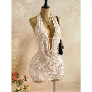 Women's 2pcs Fitted Sequin Fringe Set Drape Neck Cowl Camisole and Mini Skirt Two Piece Outfit for Music Festival Rave Party Club Night Out Sparkle