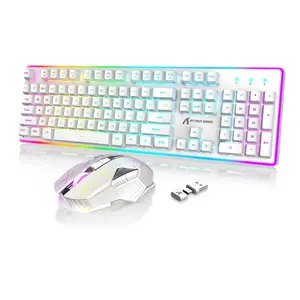 2.4G Wireless Gaming Keyboard and Mouse,Type C/USB Dual Receiver,RGB LED Backlit,Rechargeable 4200mAh,Full Size Mechanical Feel,Silent Mice,Mouse Pad for PC,Laptop,Smartphone,PS4,PS5,Xbox(White)