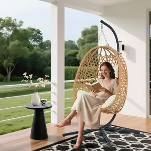 Outdoor Hanging Egg Chair with Cushions – Comfortable Rattan Swing Chair with Stand for Patio, Garden, or Balcony – Stylish and Relaxing Outdoor Lounge Chair, 350LBS Capacity Indoor Outdoor
