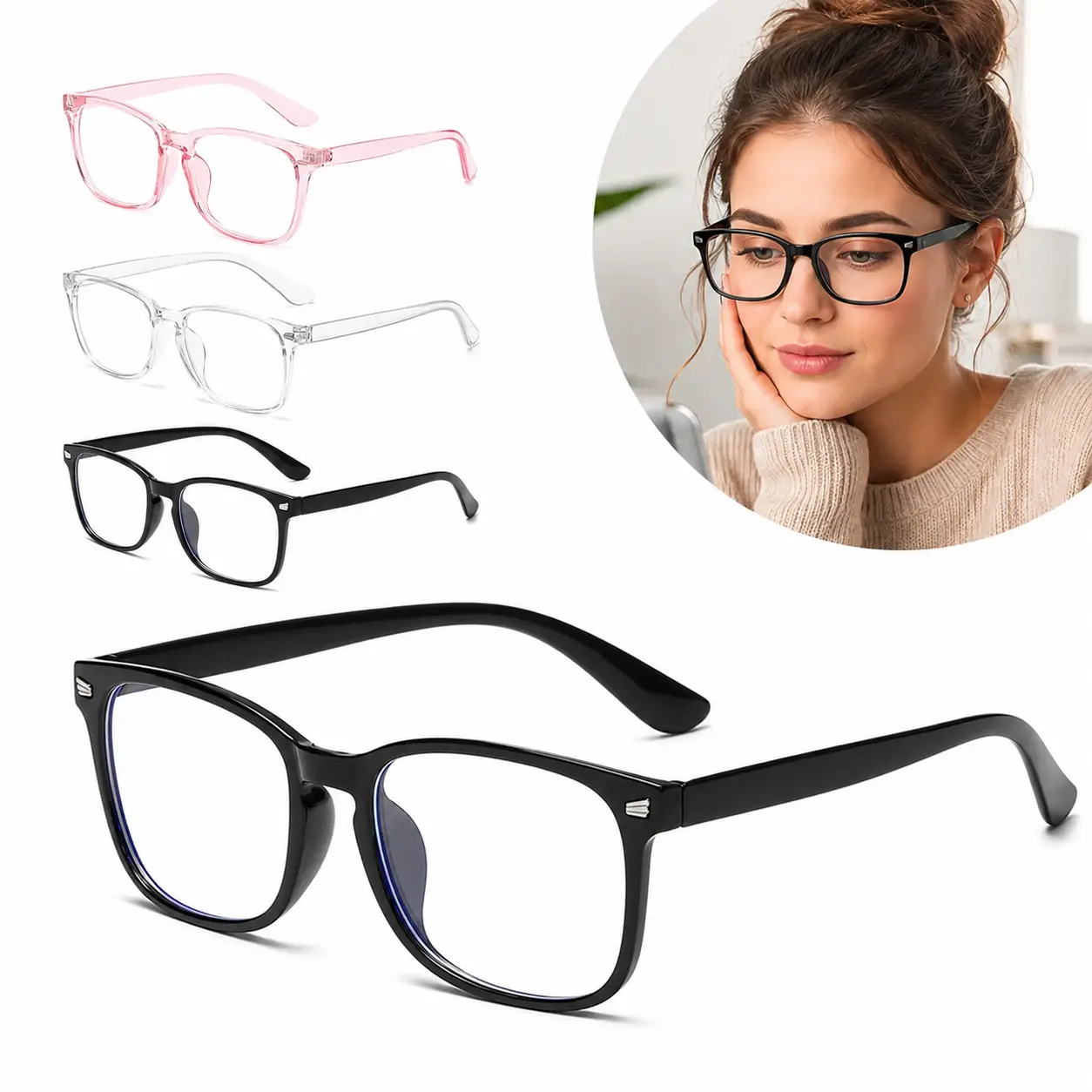 Blue Light Blocking Eyeglasses 3 Pack, Retro Square Fashion Frame Clear Pink Black, Anti Eye Strain Lightweight Eyewear for Computer Gaming Office and Daily Use - MM2