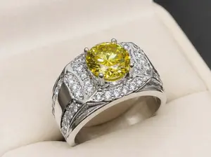 Diamond Cut 2 Carat Yellow Moissanite Diamond Channel Set Ring Sterling Silver 925 Handmade Men's Engagement Ring
