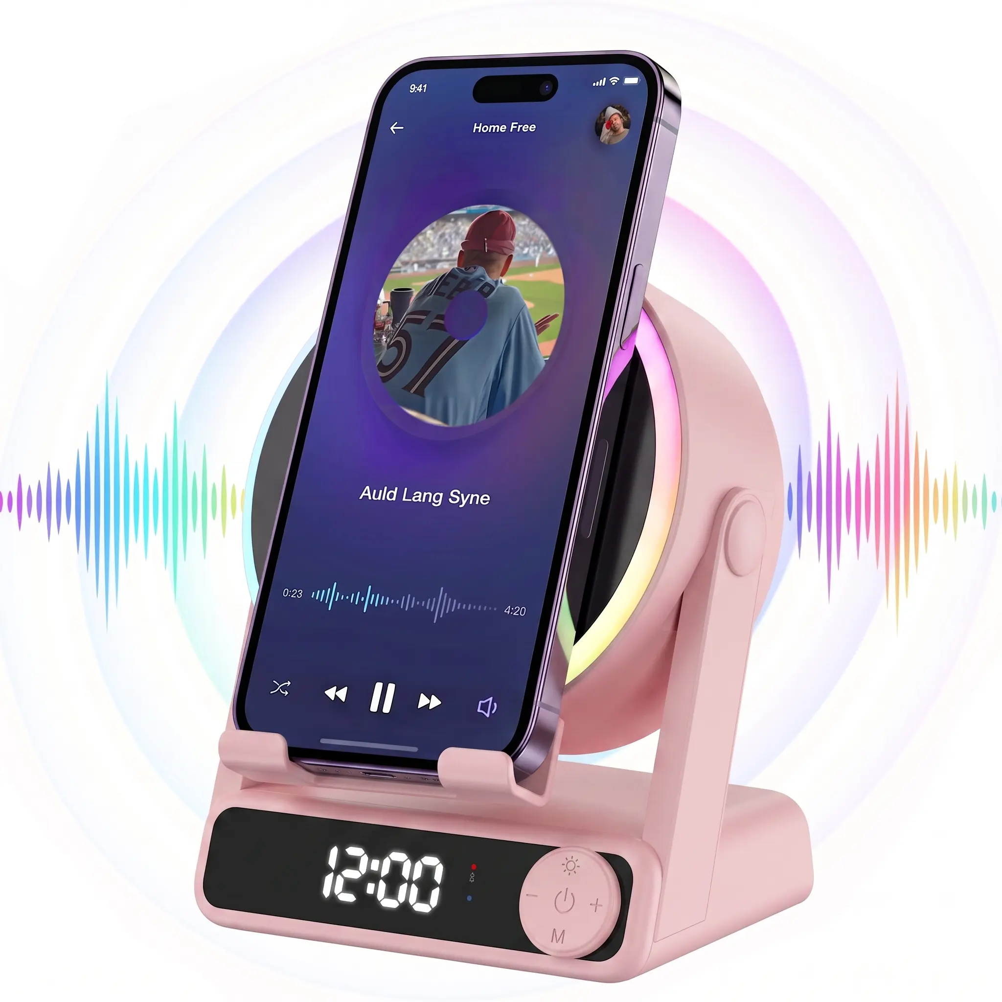 MFHHFM 5 in 1 Wireless Induction Speaker with Phone Stand, Bluetooth Speaker, Digital Alarm Clock, RGB LED Night Light, Stereo Sound Amplifier, 360° Adjustable Holder for iPhone, Android & iPad