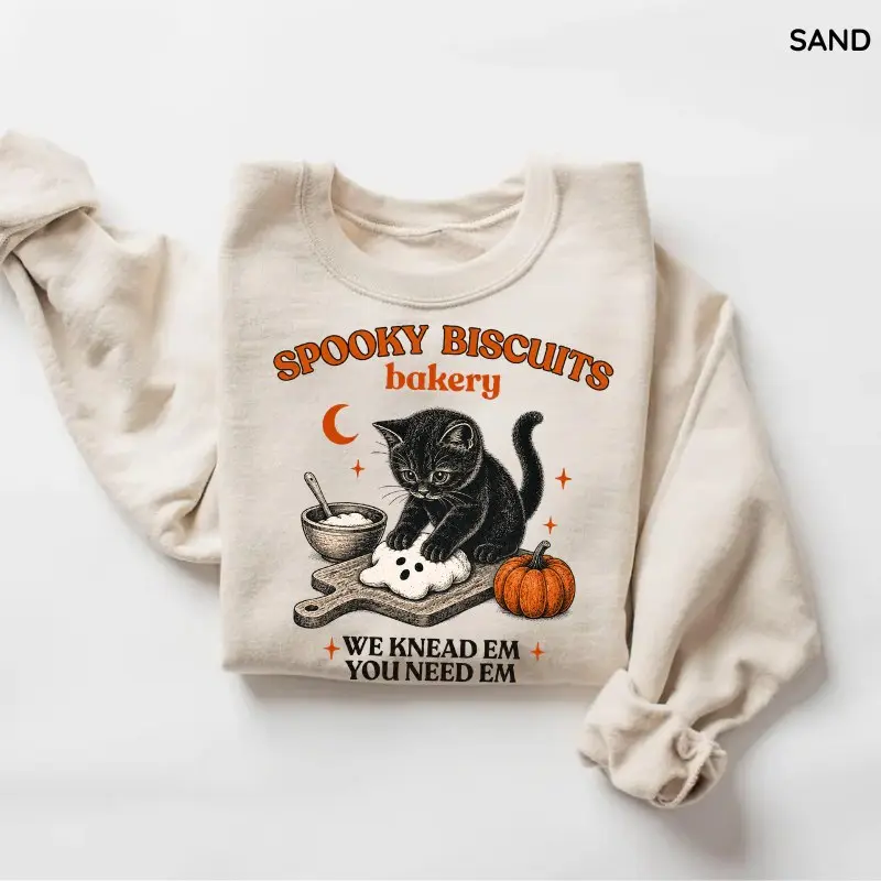 Vintage Kitty Biscuits Shirt, Spooky Black Cat Graphic Tee, Vintage Pumpkin Baking T-Shirt, Cute Halloween Cat Lover Shirt, Cozy Fall Autumn Gift, Graphic Sweater, Top  Womenswear