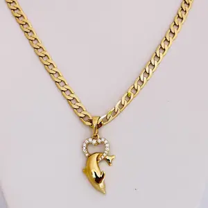 Gold Plated 14k Dolphin Heart Pendant Necklace with Rhinestones on a Chunky Chain Elegant Design for Everyday Wear or Special Events