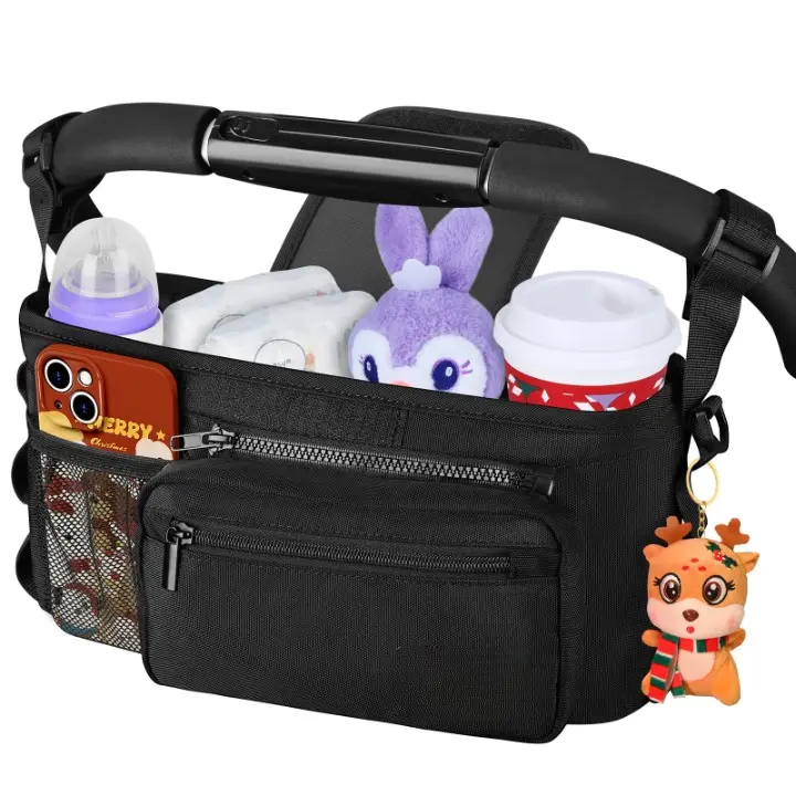 Stroller Organizer with Cup Holders, Universal Stroller Caddy Organizer with Detachable Phone Wristlet, Baby Stroller Organizer Bag, Stroller Accessories for Baby Essentials, Fits Uppababy, Nuna, Doona, Baby Jogger