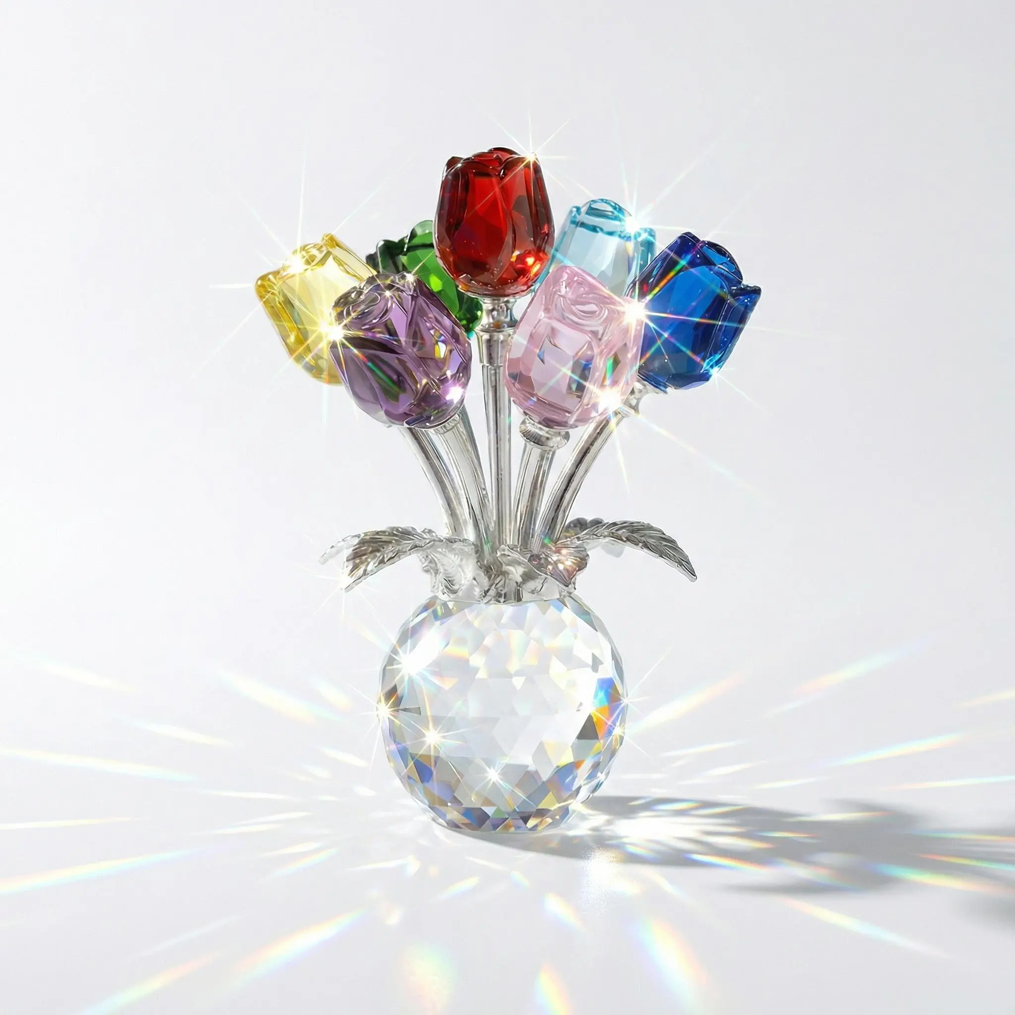 Colorful Rose Flower Crystal Figurinewith Vase Bouquet K9 CrystalHandmade Ornament for WifeGirlfriend Women Home Table DecorValentine's Day Wedding Anniversary Gift