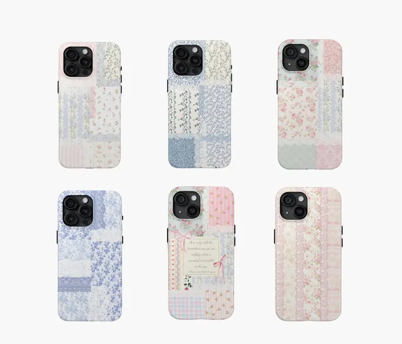 Coquette Patchwork Smartphone Case Collection - Rubber Cellphone Cover with Blue, Pink, Floral, Lace, Toile Prints - Vintage Aesthetic, Slim, Durable, Handheld Protection for iPhone 15/14 Pro Max, Wireless