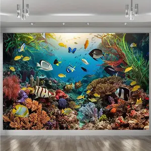 1pc Modern Farmhouse Oceanic Aquarium Party Banner - Amber Glow Polyester Photo Backdrop with Underwater Marine Coral Fish, Bright Colors for Home Decor, Birthday Celebrations