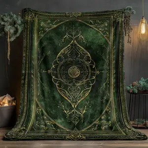 1pc Dark Green Ornate Book Design Flannel Throw Blanket - Soft, Warm Polyester for Sofa, Camping, Living Room, Office - Elegant Digital Printing with Intricate Patterns, All-Season Comfort, 280GSM Flannel, Indoor & Outdoor Use