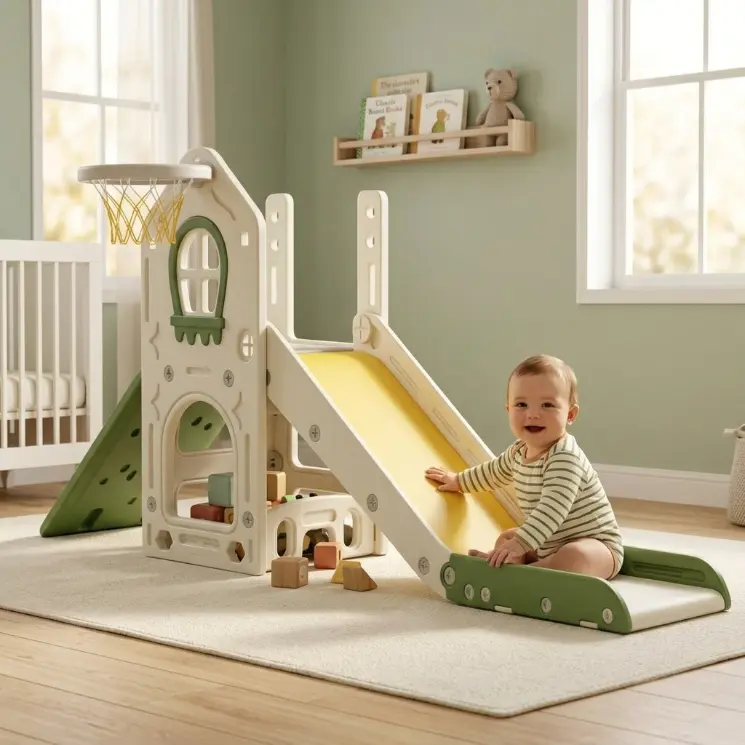 Aobtkel 5-in-1 Foldable Toddler Slide Indoor Playground with Climbing Wall Ladder Basketball Hoop Storage Basket HDPE Non-Slip Steps Handrails Space Saving for 1-3 Years Boys Girls Playroom Apartment Gift Idea Cream White Gray