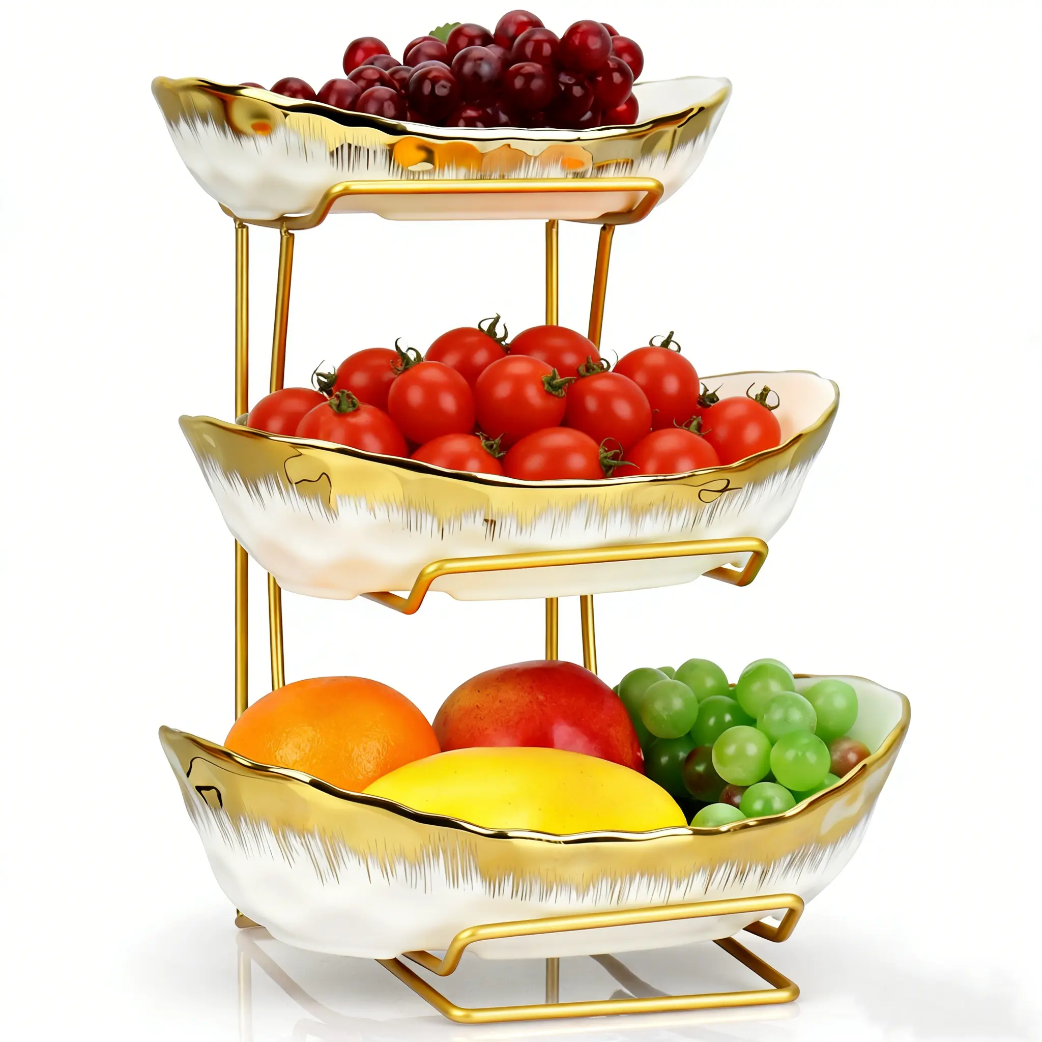 3 Tier Fruit Bowl for Kitchen Counter, Gold Trim Ceramic Fruit Stand Basket for Countertop, Fruit Rack with Thickened Metal Holder, Vegetable Bowl Dessert Nuts Bread Candy Storage