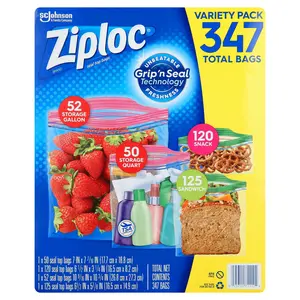 Ziploc Variety Pack Storage Bags - Home Organiser, Assorted Sizes, 347 Count, for Home Organization Needs