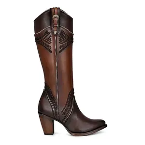 LD CUADRA Damasco Chocolate Embroidery Round Toe CU583 Women's Western Style Tall Boots with Studded Design