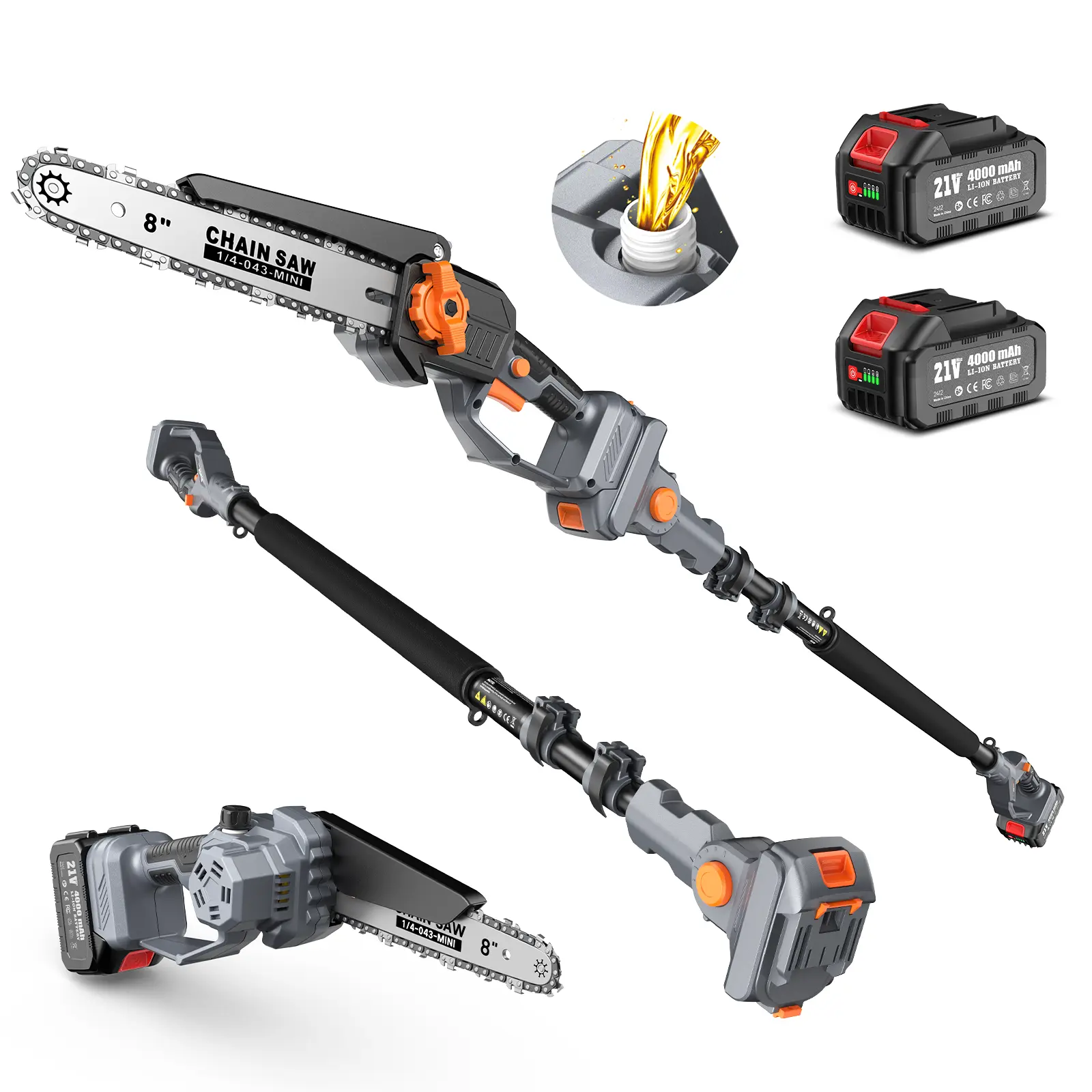 [TaskStar] 2-in-1 Cordless Pole Saw & 8" Mini Chainsaw, Brushless Motor, Auto Lubrication, Two 4.0 Ah Batteries & Charger, Adjustable Head, 15 Ft Max Reach Electric Pole Saw for Tree Trimming Pruning
