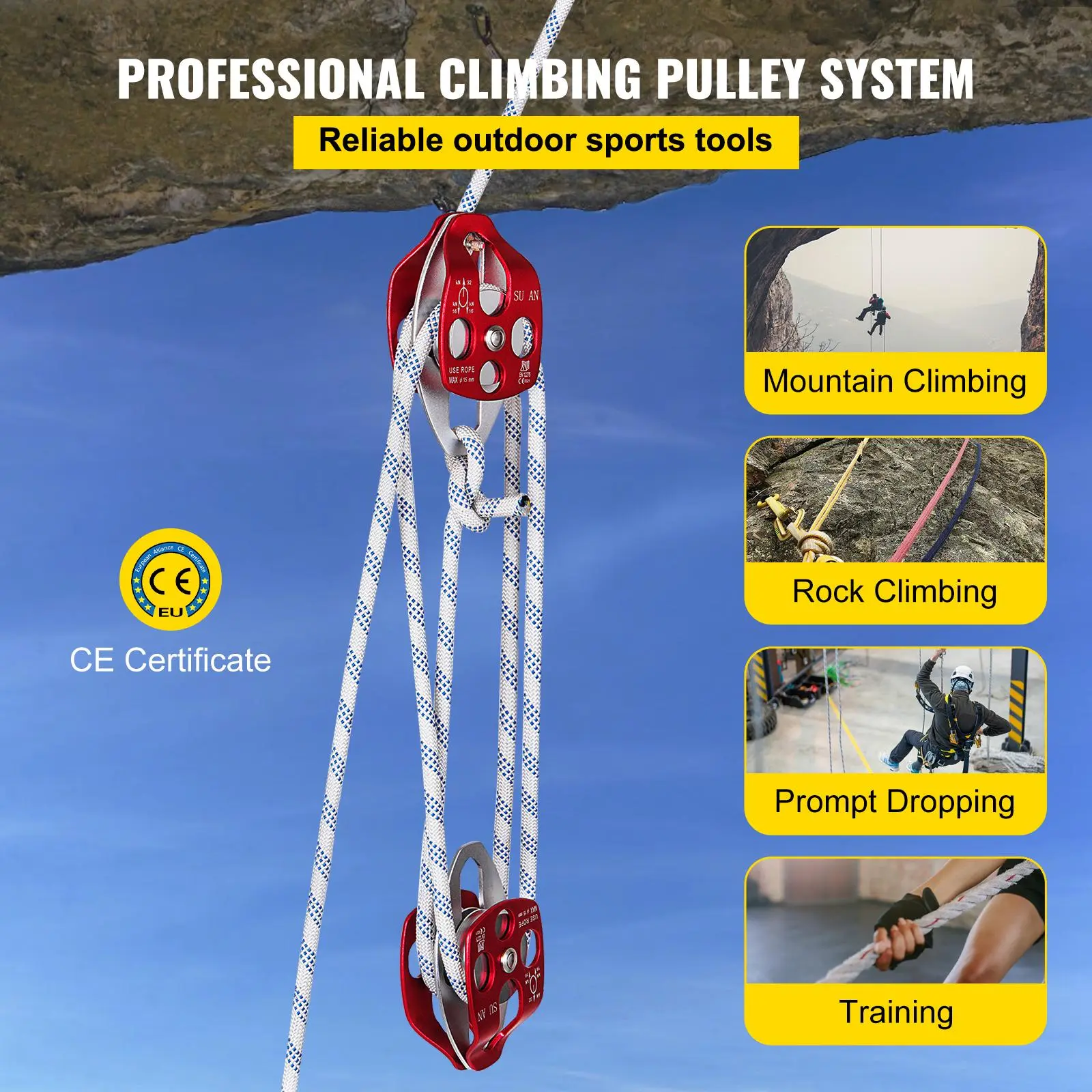 【Summerfinds】VEVOR Twin Sheave Block and Tackle Pulley System, 7700LBS Pulley, 150Ft 1/2Inch Double Braid Rope for Rock Climbing, Training, Outdoor Activities, Double Pulleys