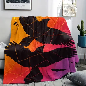 Sunset Eagle Silhouette Flannel Blanket featuring an eagle silhouette taking flight as the main element, paired with an orange-red-to-purple sunset base color, layered with geometric lines and bird details to create a visually striking effect that maximiz