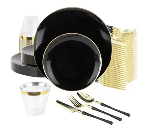 Elama 150Pc Disposable Dinnerware Set for 25 in Black and Gold