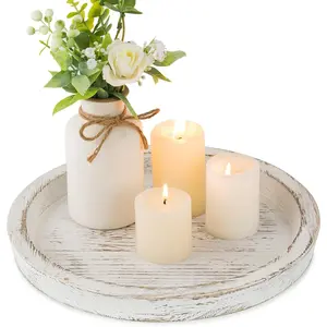 Candle Plate Holder Tray: Round White Wood Decorative Tray Decor - Rustic Farmhouse CoffeeTable Decor - Tealight Pillar Trays for Home Decor