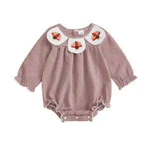 Infant Baby Girl Thanksgiving Turkey Plaid Bubble Romper Bodysuit Long Sleeve Peter Pan Collar  Jumpsuit Fall Clothes