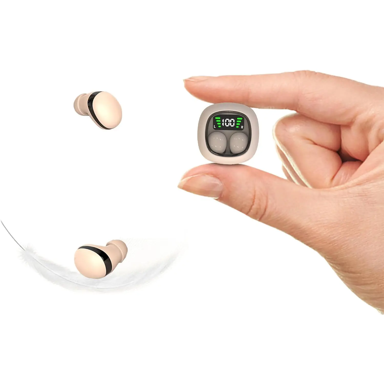 Invisible Mini Sleep Earbuds for Side Sleepers, Ultra-Comfortable & Feather-Light Bluetooth 5.4 Sleep Headphones, LED Display Portable Case Small Earphones for Sleep Work Sports (Beige)