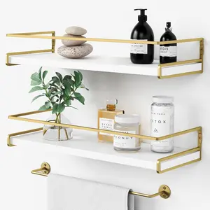 Floating Bathroom Shelves Wall Mounted, Aesthetic White and Gold Shelves for Bathroom Accessories, Modern Bathroom Organizer with Tower Bar for Wall Decor Storage Small Spaces, Set of 2