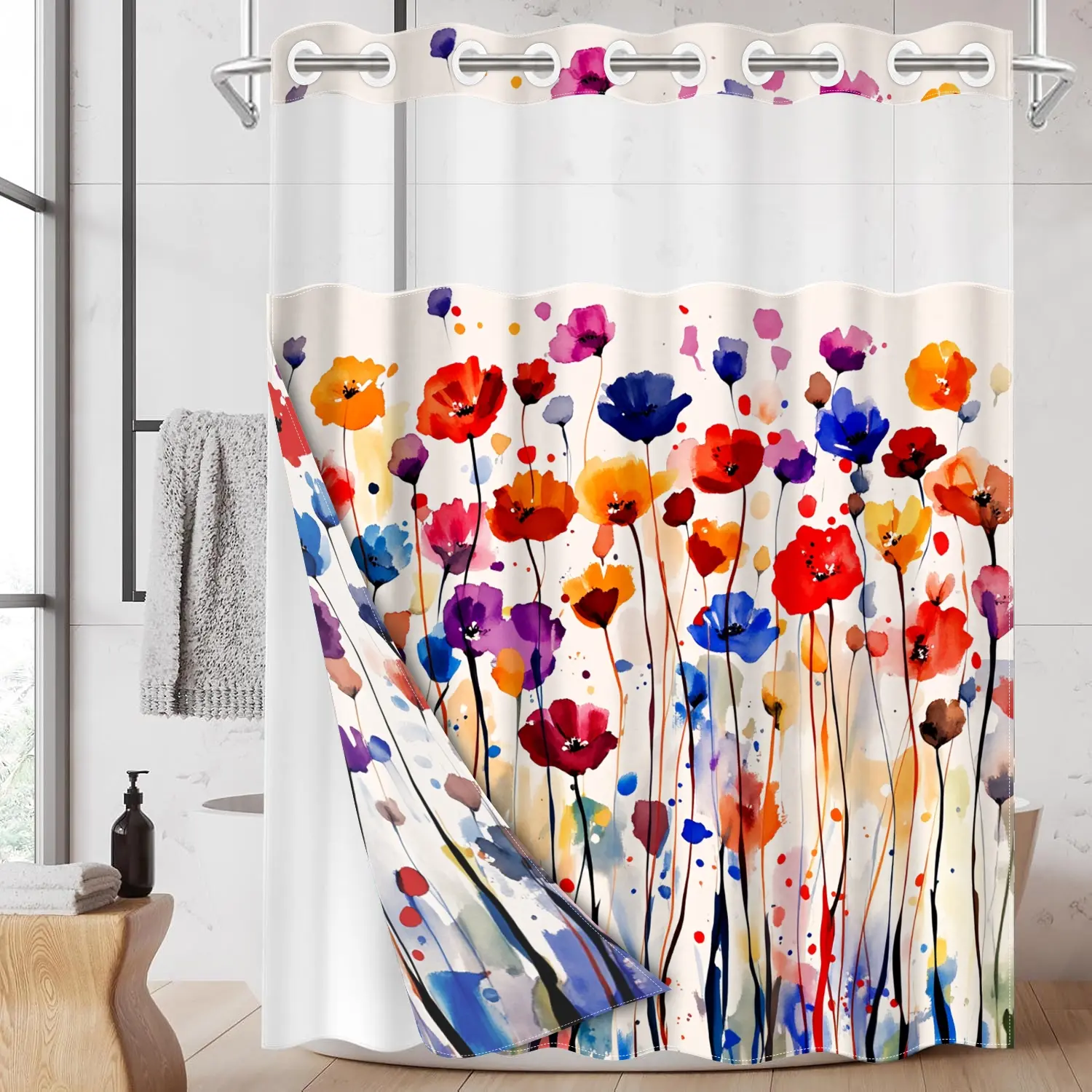 1PC 2D Flat Watercolor Ink Splash Vibrant Poppy Shower Curtain, Rainbow Color Block Floral Allover Design, Waterproof Detachable Liner Bathroom Curtain (No Hooks)