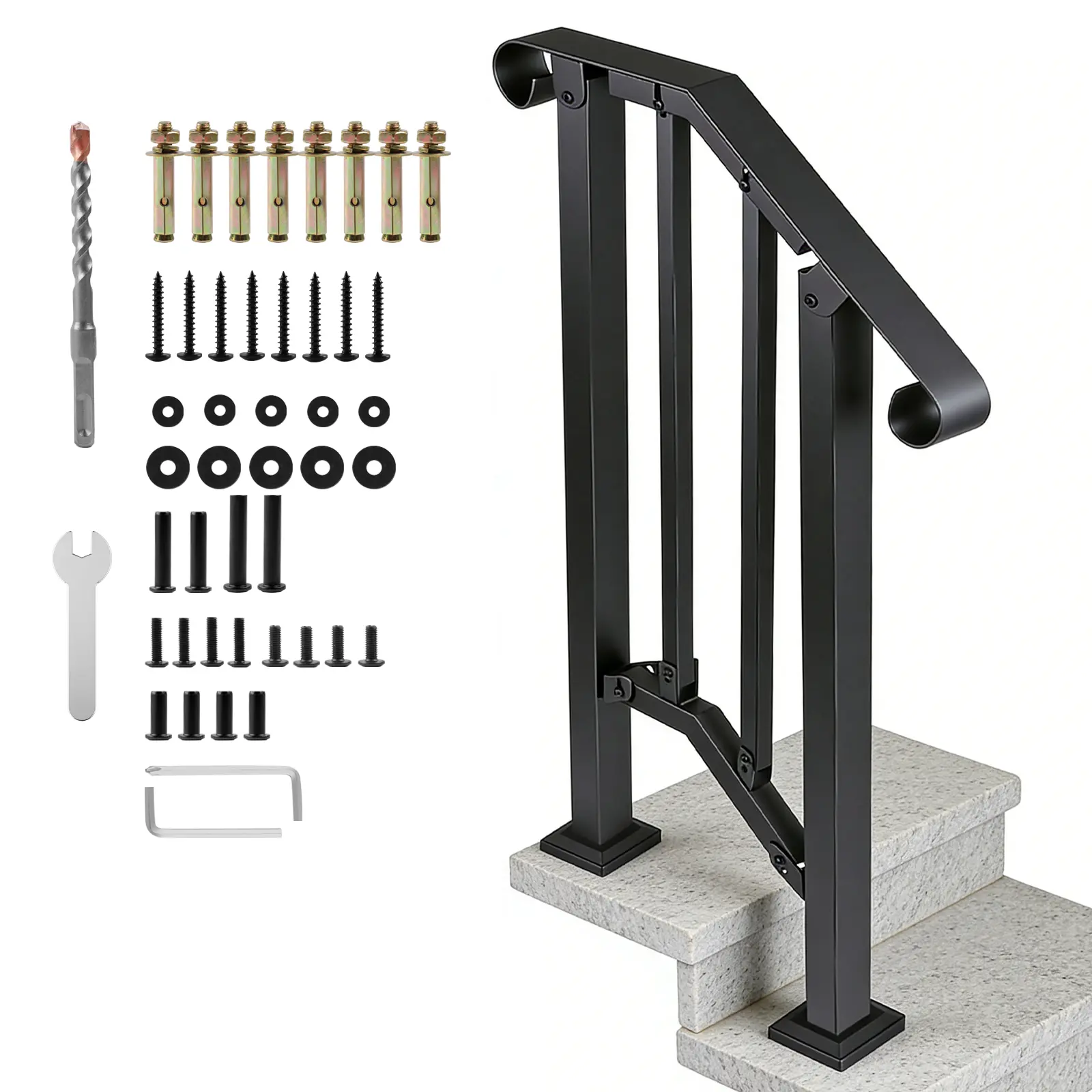 Handrails for Outdoor Steps, 1-2 Step Stair Hand Rail Kit, Transitional Carbon Steel Railings with Installation Kit, Stair Rails for Seniors, Concrete Steps & Porch & Deck, Black Square Tube