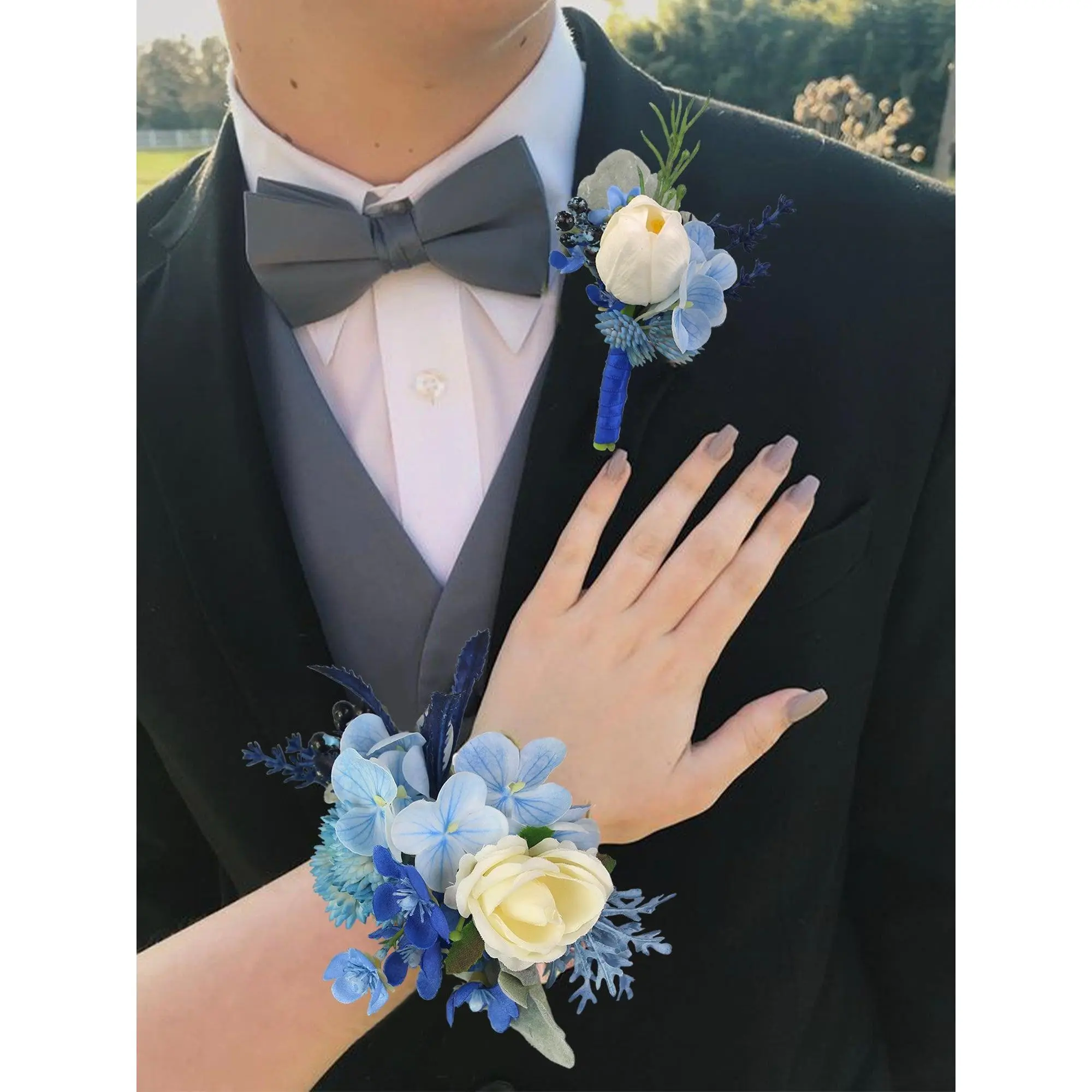 Rinlong 2-Piece Silk Compact Wedding Corsage and Boutonniere Set Pair, Blue Hydrangea & Tulip Floral Pins, Thoughtful Bridal Corsage Accessory