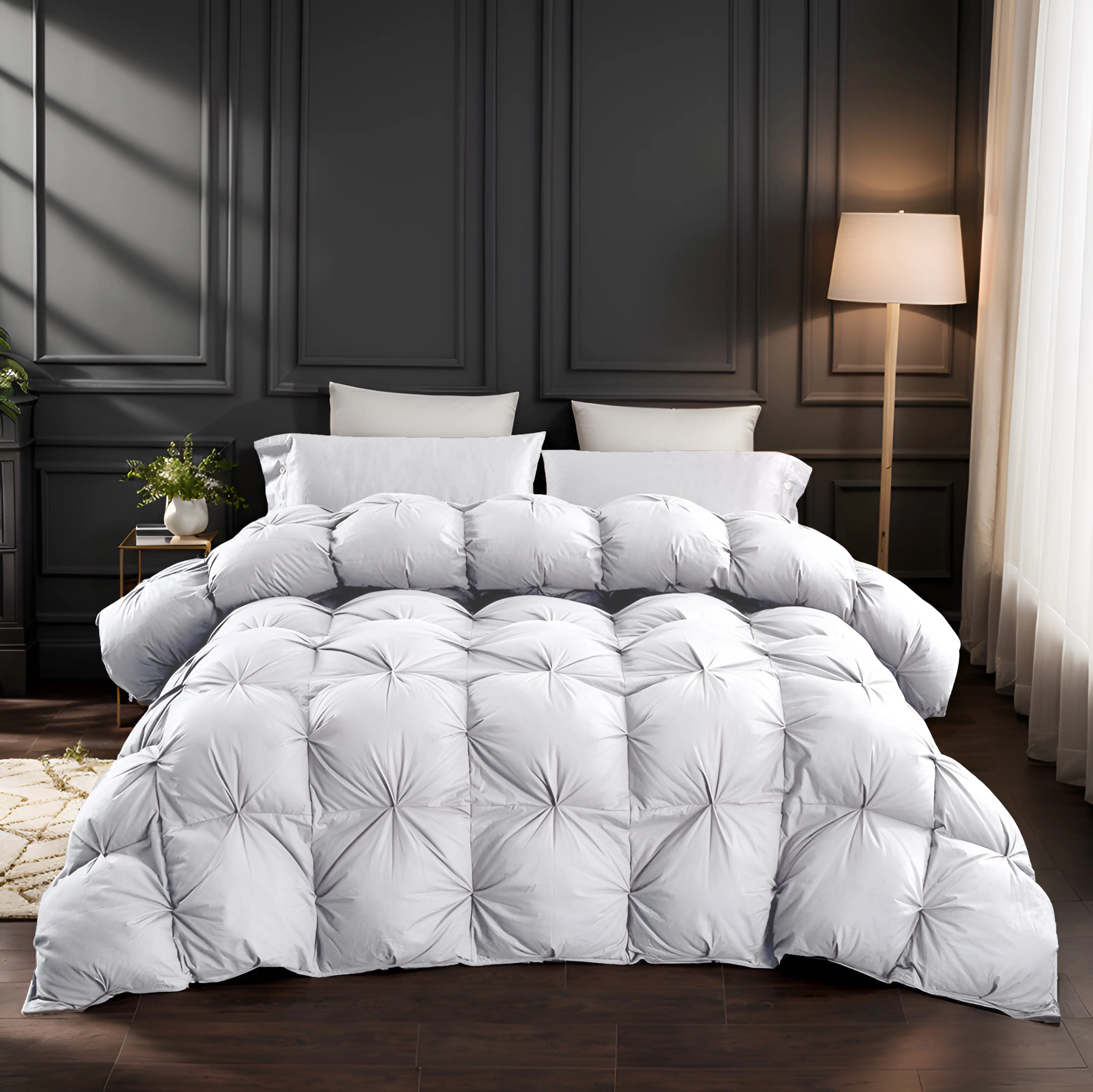 Luxurious Ruched Down Duvet Insert - All Seasons Breathable Warm Bedding, Ultra-Soft Cotton Bed Cover with Super Fluffy Plush Feather Filling for Comfortable Sleep