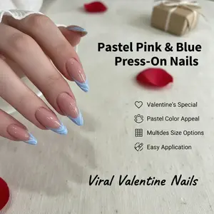 Valentine’s Limited! 24Pcs Pastel Pink & Blue Stiletto French Tip Press-On Nails (12 Sizes) + Free Jelly Glue & File | 2026 Viral V-Day Manicure Reusable