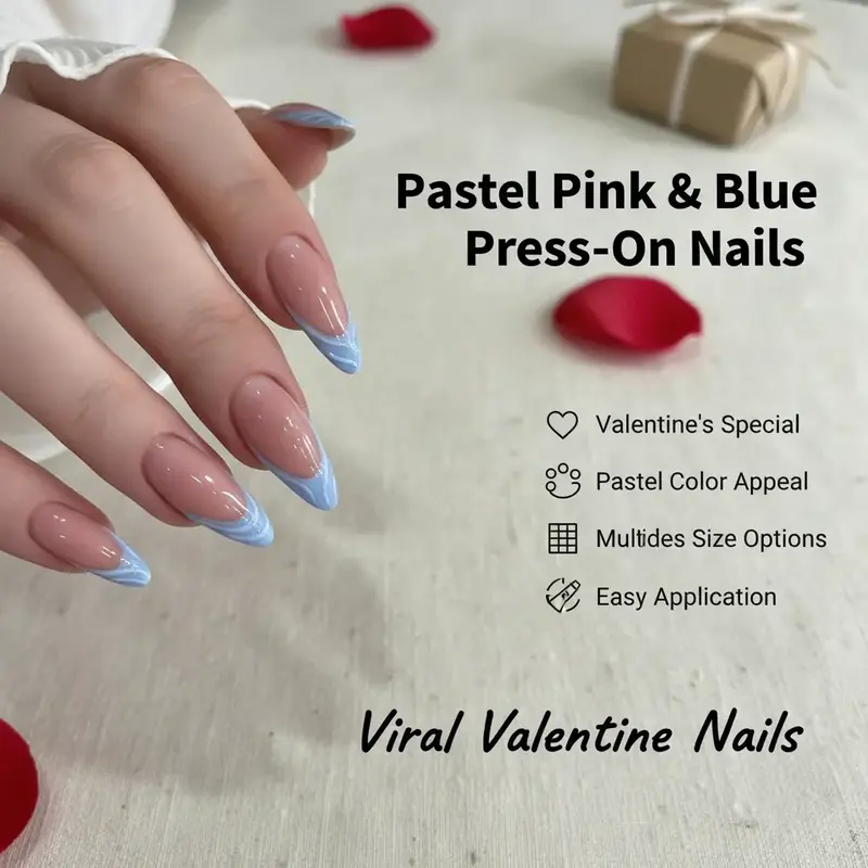 Valentine’s Limited! 24Pcs Pastel Pink & Blue Stiletto French Tip Press-On Nails (12 Sizes) + Free Jelly Glue & File | 2026 Viral V-Day Manicure Reusable