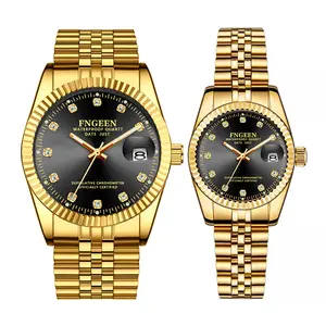 OIDEA Stainless Steel Couple Watches: Gold Black Tone Rhinestone Quartz Analog Wrist Watches for Men Women Waterproof Date Luminous Dress Watch His and Hers Wristwatch