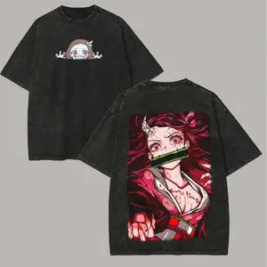Men's Vintage Demon Slayer Kamado Nezuko Graphic T-Shirt, Distressed Short-Sleeve Round Neck Top, Casual Sport Menswear