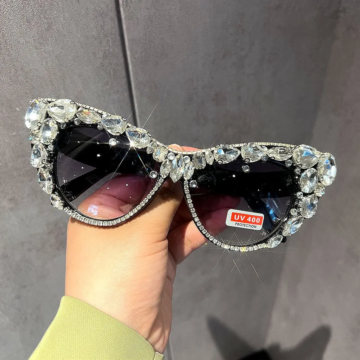 Women's Oversized Rhinestone Cat Eye Sunglasses - Vintage Polycarbonate Full Rim Eyewear with 170mm Frame, Crystal Inlay Bling, UV400 Protection, Party Wear Shades