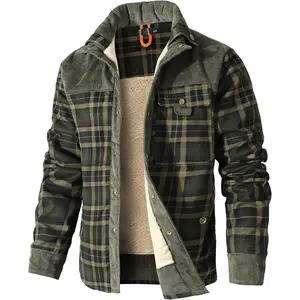 Men's Corduroy Plaid Sherpa Lined Flannel Shirt Jacket Fleece Coat Slim Long Sleeve Western Inspired Loose Fit Breathable Cotton Fabric Casual Cowboy Hoodie Layer Top