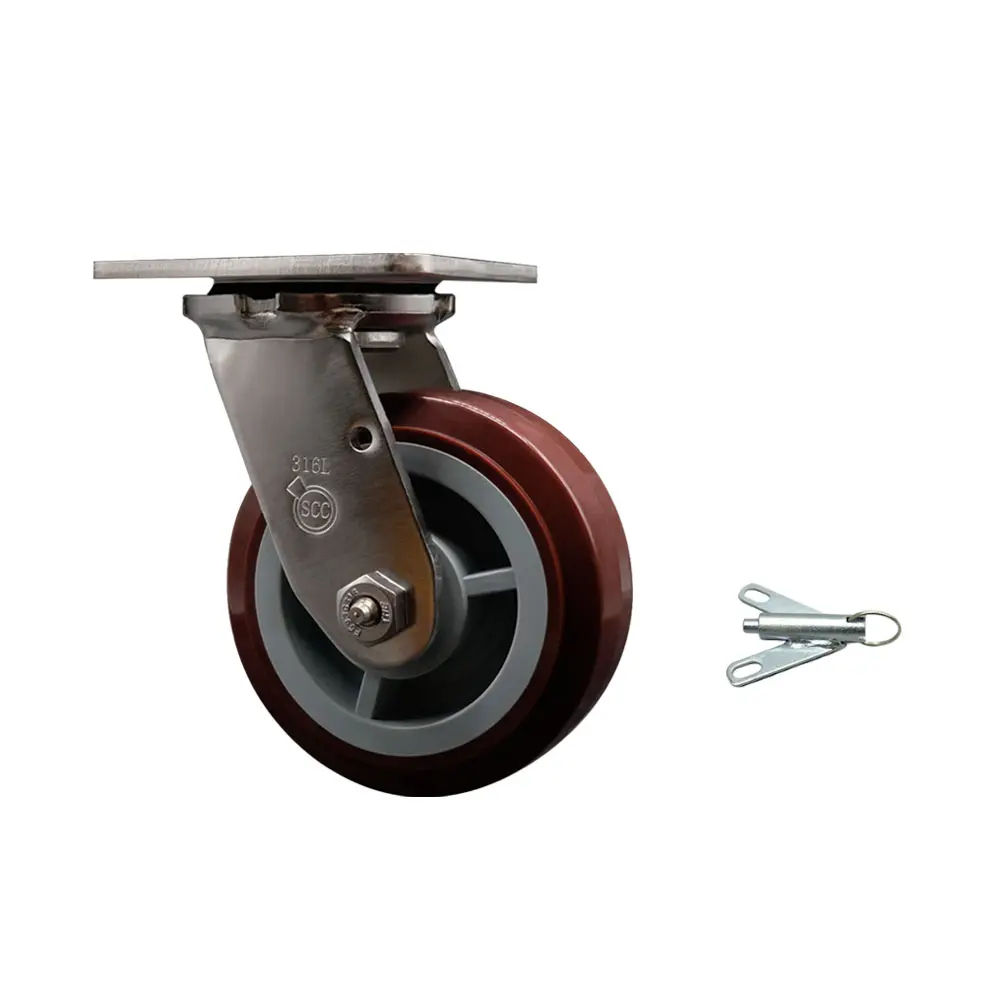 Service Caster SCC-SS31630S520-PPUD-BSL 316 Stainless Steel Heavy Duty Swivel Top Plate Caster with Bolt on Swivel Lock & 5 in. Polyurethane Wheel with Delrin Bearings - 750 lbs Capacity per Caster